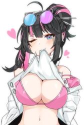 Rule 34 | 1girl, ahoge, bare shoulders, black hair, blue eyes, blush, bra, breasts, cleavage, clothes lift, commentary request, eyewear on head, girls&#039; frontline, girls&#039; frontline neural cloud, hair bun, hair ornament, heart, korean commentary, lancer (worudrleh1), large breasts, long hair, looking at viewer, mouth hold, multicolored hair, navel, off shoulder, one eye closed, open clothes, pink bra, pink hair, purple eyes, shirt lift, simple background, smile, solo, sunglasses, underwear, upper body, vee (neural cloud), white background
