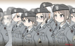 Rule 34 | 6+girls, 7th infantry division, :&lt;, aiguillette, animal ears, arms behind back, badge, bandaid, bandaid on face, beret, black eyes, black necktie, blurry, blurry background, blush, breast pocket, brown hair, buttons, cat ears, closed mouth, depth of field, ebifly, emblem, glasses, grey headwear, grey jacket, hair bun, hair over one eye, hat, highres, jacket, medal, military, military rank insignia, military uniform, mole, mole under eye, multiple girls, name tag, necktie, original, pocket, ponytail, ribbon bar, semi-rimless eyewear, short hair, single hair bun, standing, twitter username, under-rim eyewear, uniform, united states army, upper body, white hair, wing collar