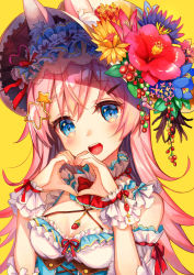 Rule 34 | 1girl, bad id, bad pixiv id, blue eyes, blush, breasts, cleavage, flower, hair ornament, hairclip, hat, hat flower, heart, heart hands, highres, large breasts, long hair, looking at viewer, nail polish, open mouth, original, pierorabu, pink hair, smile, solo, star (symbol), star hair ornament, upper body