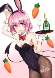 Rule 34 | 1girl, animal ears, black leotard, bottle, bow, bowtie, breasts, brown pantyhose, carrot, champagne flute, cleavage, cup, dated, demon tail, detached collar, drinking glass, fake animal ears, gradient background, highres, leotard, looking at viewer, momo velia deviluke, pantyhose, pink background, pink eyes, pink hair, playboy bunny, rabbit ears, rabbit girl, rabbit tail, red bow, red bowtie, short hair, small breasts, solo, tail, to love-ru, to love-ru darkness, tray, wine glass, wrist cuffs, zeroonethousand