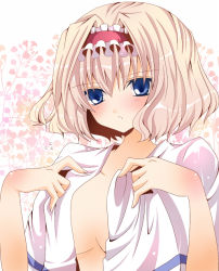 Rule 34 | 1girl, alice margatroid, bad id, bad pixiv id, blonde hair, blue eyes, blush, body blush, female focus, floral background, flower, gradient hair, hairband, multicolored hair, nanase nao, open clothes, open shirt, pink hair, shirt, short hair, solo, touhou
