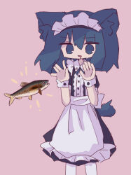 Rule 34 | 1girl, animal ears, apron, black dress, blue eyes, blue hair, buttoned cuffs, buttons, cat ears, cat tail, cowboy shot, dress, drooling, fish, frilled apron, frills, hair between eyes, hands up, kanikan, looking at viewer, maid, maid headdress, medium hair, mouth drool, original, pantyhose, parted lips, pink background, short sleeves, simple background, solo, standing, tail, waist apron, white apron, white pantyhose, wrist cuffs