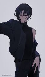 Rule 34 | 1boy, black hair, black jacket, black pants, black shirt, blue eyes, cowboy shot, grey background, hand on own hip, headpiece, highres, idol, idolish7, izumi iori, jacket, kisharin, long sleeves, looking to the side, male focus, off shoulder, open clothes, open jacket, outstretched arm, pants, parted bangs, parted lips, shirt, short hair, simple background, single bare shoulder, sleeveless, sleeveless turtleneck, smile, solo, turtleneck