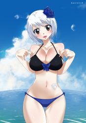 Rule 34 | 1girl, absurdres, artist name, bare arms, bikini, black bra, blue flower, blue hair, blue panties, blue rose, blue sky, blush, bow, bow bikini, bra, breasts, brown eyes, cleavage, cloud, collarbone, cowboy shot, day, facing viewer, fairy tail, flower, gaston18, hair flower, hair ornament, halterneck, hands up, happy, highres, large breasts, looking at viewer, navel, ocean, open mouth, outdoors, panties, ribbon, rose, short hair, sky, smile, solo, standing, stomach tattoo, string bikini, swimsuit, tattoo, tongue, underwear, water, white hair, yukino aguria