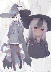 1girl alternate_costume black_footwear black_hair black_hat black_pantyhose black_robe blue_archive blush bow bowtie bright_pupils closed_mouth commentary cropped_torso demon_girl demon_wings double-parted_bangs dress earclip expressionless full_body ghost gradient_hair grey_bow grey_bowtie grey_dress grey_hair grey_halo hair_between_eyes hair_down halloween halloween_costume halo hand_up hat hat_bow highres index_finger_raised kabomeel_lse kayoko_(blue_archive) long_hair looking_at_viewer mary_janes multicolored_hair multiple_views open_clothes open_robe pantyhose parted_lips print_hat red_eyes robe shoes sidelocks simple_background single_wing sleeves_past_fingers sleeves_past_wrists smile spider_web_print standing tsurime two-tone_hair upper_body white_background white_pupils wide_sleeves wings witch witch_hat zoom_layer