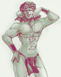 Rule 34 | 1boy, bad id, bad pixiv id, battle tendency, bikini, bracer, chocoblood, curly hair, esidisi, facial mark, hat, jojo no kimyou na bouken, loincloth, male focus, monochrome, muscular, muscular male, nose piercing, nose ring, pelvic curtain, piercing, revealing clothes, solo, stitches, string bikini, swimsuit, topless male
