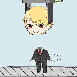 Rule 34 | 10s, :&gt;, blonde hair, blue background, chibi, conveyor belt, disembodied head, formal, idolmaster, idolmaster side-m, maita rui, outstretched arms, red eyes, simple background, striped neckwear, suit, toy, zo tuite