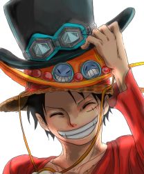 Rule 34 | 1boy, adjusting clothes, adjusting headwear, asuma (sorawomai), black hair, brothers, closed eyes, collarbone, cowboy hat, death, goggles, goggles on headwear, grin, hand on headwear, hat, hat over hat, hat tip, male focus, monkey d. luffy, one piece, portgas d. ace, red shirt, sabo (one piece), sad face, scar, shirt, siblings, simple background, smile, smiley, smiley face, solo, stack, stacked hats, stampede string, straw hat, top hat