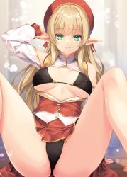 Rule 34 | 1girl, bikini, black bikini, blonde hair, breasts, covered erect nipples, elf, green eyes, hat, holding, holding clothes, holding hat, kirishima satoshi, large breasts, long hair, looking at viewer, open clothes, original, pointy ears, sitting, smile, solo, spread legs, swimsuit, underwear