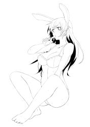 Rule 34 | 1girl, animal ears, bad id, bad pixiv id, bare legs, bare shoulders, barefoot, blush, bracelet, breasts, charlotte e. yeager, cleavage, collarbone, eating, food, full body, greyscale, highres, iwamoto eiri, jewelry, large breasts, lineart, long hair, monochrome, mouth hold, popsicle, rabbit ears, simple background, sitting, solo, strike witches, sweat, underwear, underwear only, world witches series