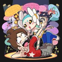 Rule 34 | 10s, 1boy, 1girl, amano keita, aqua hair, black background, blush stickers, boots, brown hair, cat, gashi-gashi, ghost, haramaki, highres, jibanyan, multiple tails, netaballerina, notched ear, open mouth, punching, purple lips, red shirt, shirt, short hair, sparkling eyes, spotlight, star (symbol), tail, tears, tongue, tongue out, two tails, watch, whisper (youkai watch), wristwatch, traditional youkai, youkai watch, youkai watch (object)