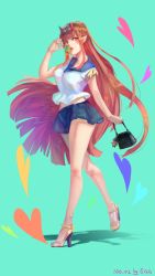 Rule 34 | 10s, 1girl, absurdres, blue skirt, breasts, candy, darling in the franxx, food, full body, graphite (medium), highres, horns, large breasts, lollipop, long hair, looking at viewer, miniskirt, pointy ears, red eyes, red hair, sandals, signature, skirt, sleeves rolled up, slit pupils, solo, standing, tongue, tongue out, traditional media, very long hair, walking, yellow footwear, zuiai ludan
