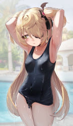 Rule 34 | 1girl, absurdres, adjusting hair, armpits, arms behind head, arms up, bare arms, bare shoulders, blonde hair, breasts, chain, collarbone, contrapposto, covered navel, crotch zipper, fischl (genshin impact), genshin impact, green eyes, hair over one eye, highres, long hair, looking away, one-piece swimsuit, outdoors, pool, small breasts, solo, swimsuit, torriet, two side up, very long hair, wet, zipper