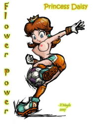 Rule 34 | breasts, brown hair, crown, e maylic, earrings, gloves, jewelry, mario (series), nintendo, nipples, princess daisy, shoot, soccer, playing sports, super mario bros. 1, super mario land, super mario strikers, third-party edit, topfreedom, topless