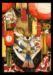 Rule 34 | 1other, animal ear fluff, artist name, black border, border, commentary request, floral print, fox, hatching (texture), highres, kiseru, lantern, linear hatching, looking at viewer, no humans, original, painting (medium), paper lantern, portrait, shikitori (ichi), smoke, smoking pipe, solo, traditional media, watercolor (medium)