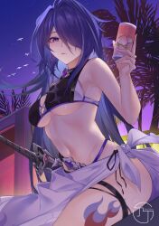 Rule 34 | 1girl, absurdres, acheron (honkai: star rail), alternate costume, artist logo, bare shoulders, belt, bikini, black belt, black bikini, breasts, can, chouchou (austin), closed mouth, commentary, cowboy shot, drink can, earrings, hair over one eye, highres, holding, holding can, holding sword, holding weapon, honkai: star rail, honkai (series), jewelry, katana, large breasts, leg tattoo, long hair, looking at viewer, multicolored hair, navel, night, night sky, outdoors, purple eyes, purple hair, purple sarong, purple sky, sarong, scabbard, sheath, sheathed, side-tie bikini bottom, sky, soda can, solo, stomach, streaked hair, swimsuit, sword, tattoo, thigh strap, underboob, very long hair, weapon