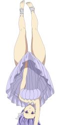 Rule 34 | armpits, artist request, bare arms, bare legs, bare shoulders, breasts, dress, feet, handstand, highres, long hair, looking at viewer, lycoris challenge (meme), lycoris recoil, meme, one arm handstand, purple dress, purple eyes, purple hair, purple skirt, quinella, simple background, skirt, sword art online, sword art online: alicization, toes, upside-down, very long hair, white background