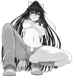 Rule 34 | 1girl, arm behind back, ass, black hair, blush, boots, breasts, clothes lift, commentary request, cowboy boots, crossed bangs, full body, greyscale, hair between eyes, high ponytail, highres, irokohaku, kanzaki kaori, large breasts, long hair, looking at viewer, looking down, monochrome, navel, nipples, open pants, pants, see-through, see-through shirt, shirt lift, simple background, solo, spread legs, squatting, sweat, thighs, toaru majutsu no index, torn clothes, torn legwear, white background, zipper pull tab