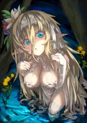 Rule 34 | + +, 1girl, aqua eyes, bad id, bad pixiv id, bare shoulders, blonde hair, breasts, bridal gauntlets, cleavage, dress, elbow gloves, elf, flower, gloves, hair between eyes, hair flower, hair ornament, long hair, looking at viewer, open mouth, original, osobachan, pointy ears, solo, thighhighs, very long hair, wading, white dress, white gloves, white thighhighs