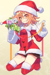 Rule 34 | 1girl, ahoge, black shorts, boots, box, breasts, christmas, closed mouth, dress, fate/grand order, fate (series), fujimaru ritsuka (female), fujimaru ritsuka (female) (white christmas), fur-trimmed dress, fur-trimmed headwear, fur trim, gift, gift box, hat, highres, kneeling, looking at viewer, negi (ulog&#039;be), orange eyes, orange hair, red dress, red footwear, red hat, santa costume, santa dress, santa hat, short hair, shorts, small breasts, smile, solo, thigh boots, variant set