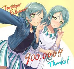 Rule 34 | 2girls, ;), aqua hair, bang dream!, belt, black shirt, blouse, blush, braid, commentary request, denim, denim jacket, embarrassed, green eyes, hand on own elbow, hikawa hina, hikawa sayo, jacket, lace sleeves, long hair, long sleeves, looking at viewer, medium hair, milestone celebration, multiple girls, nose blush, official art, one eye closed, playing with own hair, reaching, reaching towards viewer, selfie, shirt, siblings, side braids, sisters, skirt, smile, striped clothes, striped skirt, twins, v-shaped eyebrows, vertical-striped clothes, vertical-striped skirt, w, white shirt