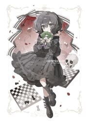Rule 34 | 1girl, absurdres, black bow, black dress, black eyes, black footwear, black hair, boots, bow, chess piece, child, chuckdaidai, closed mouth, commission, doll, dress, flower, foot up, frilled dress, frills, full body, green hair, grey eyes, hair between eyes, hair ornament, hairclip, hands up, highres, holding, holding doll, knee up, lolita fashion, long sleeves, looking at viewer, medium hair, original, petals, puffy sleeves, red flower, red rose, ribbon, rose, rose petals, short hair, skull, smile, socks, solo, standing, standing on one leg, striped clothes, striped socks, walking, wavy hair, white background, wind