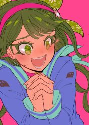 Rule 34 | 1girl, :d, absurdres, blue shirt, blush, chabashira tenko, danganronpa (series), danganronpa v3: killing harmony, drill hair, floral print, green hair, green ribbon, grey sailor collar, hairband, hands up, heart, highres, interlocked fingers, long hair, mole, mole under mouth, open mouth, own hands together, pink background, pink hairband, ribbon, sailor collar, shirt, simple background, smile, solo, teeth, twin drills, upper body, youko-shima
