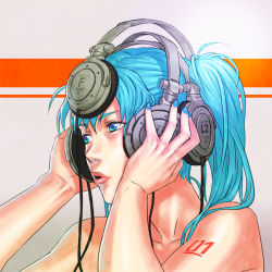 Rule 34 | 1girl, :o, aqua eyes, aqua hair, aqua nails, blue eyes, blue hair, blue nails, cable, from side, grey background, hair over shoulder, hands on headphones, hands up, hatsune miku, headphones, lips, listening to music, long hair, looking to the side, matching hair/eyes, nail polish, nude, open mouth, portrait, realistic, simple background, solo, tattoo, twintails, vocaloid, yoshimura ken&#039;ichirou, yosshii, you&#039;re doing it wrong