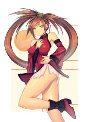 Rule 34 | 1girl, ankle boots, arc system works, bare shoulders, blush, boots, breasts, brown eyes, brown hair, chinese clothes, detached sleeves, guilty gear, highres, kuradoberi jam, large breasts, long hair, mahito, miniskirt, skirt, solo, thighs, very long hair, wide sleeves