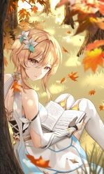 Rule 34 | 1girl, absurdres, bare shoulders, blonde hair, book, breasts, dress, flower, genshin impact, gloves, hair between eyes, hair flower, hair ornament, highres, holding, holding book, long hair, looking at viewer, lumine (genshin impact), medium breasts, momyong, outdoors, parted lips, reading, short hair, short hair with long locks, sidelocks, solo, tree, white dress, white flower, yellow eyes