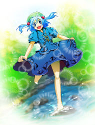 Rule 34 | 1girl, barefoot, blue dress, blue eyes, blue hair, dress, female focus, hair bobbles, hair ornament, hat, highres, kawashiro nitori, key, matching hair/eyes, nanohito, open mouth, pocket, running, short hair, skirt hold, smile, solo, tmc, touhou, twintails, two side up, water