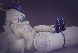 Rule 34 | 1girl, absurdres, ahoge, arms behind back, bandages, bdsm, blue bow, blue footwear, blue hair, blue hat, bondage, bound, bound legs, bow, closed eyes, commentary request, furina (genshin impact), genshin impact, hair between eyes, hat, hat bow, high heels, highres, multicolored hair, mummification (bound), pillow, purple background, reclining, short hair, socks, solo, streaked hair, tk (t-k), top hat, white hair, white socks