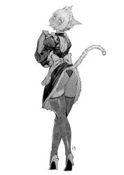 Rule 34 | alternate costume, animal ears, apron, ass, back bow, backless dress, backless outfit, blush, bow, cat ears, cat tail, dress, duplicate, enmaided, facial mark, final fantasy, final fantasy xiv, from behind, full body, greyscale, hairband, hand up, high heels, highres, juliet sleeves, liang jushuang, lifted by tail, long sleeves, looking at viewer, maid, maid apron, maid headdress, miqo&#039;te, monochrome, panties, pixel-perfect duplicate, print thighhighs, puffy sleeves, short hair, signature, solo, standing, tail, thighhighs, tray, underwear, walking, whisker markings, y&#039;shtola rhul