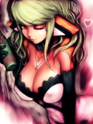 Rule 34 | 1girl, alcohol, black gloves, bodysuit, bottle, breasts, brown eyes, chelsea, chelsea (phantasy star), cleavage, dress, elbow gloves, evening gown, fumio (rsqkr), gloves, green hair, heart, huge breasts, jewelry, large breasts, lips, long hair, necklace, one eye closed, phantasy star, phantasy star portable 2, red eyes, ribbon, sega, solo, wine, wink