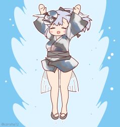 Rule 34 | 1girl, arms up, blue background, blue hair, coroha, fins, fish girl, fish tail, full body, head fins, japanese clothes, jinmen-gyo (kemono friends), jumping, kemono friends, kimono, long hair, looking at viewer, mask, ribbon, sandals, simple background, solo, tail, water, zouri