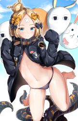 Rule 34 | 1girl, abigail williams (fate), abigail williams (traveling outfit) (fate), absurdres, arched back, balloon, bare legs, barefoot, belt, black bow, black jacket, black panties, blonde hair, blue eyes, blue sky, blush, bow, closed mouth, crossed bandaids, day, fate/grand order, fate (series), forehead, gradient background, hair bow, hair bun, hands up, heroic spirit traveling outfit, high collar, highres, jacket, long hair, long sleeves, looking at viewer, moyoron, navel, hugging object, official alternate costume, open clothes, open jacket, orange bow, panties, parted bangs, polka dot, polka dot bow, single hair bun, sky, sleeves past fingers, sleeves past wrists, smile, solo, stuffed animal, stuffed toy, teddy bear, tentacles, thighs, underwear