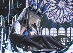 Rule 34 | 1girl, absurdres, black dress, black gloves, black veil, blue eyes, blue lips, braid, breasts, capelet, clothing cutout, crown, dress, fate/grand order, fate (series), french braid, gloves, grey hair, highres, instrument, large breasts, lipstick, long hair, long sleeves, makeup, morgan le fay (fate), morgan le fay (queen of winter) (fate), multicolored capelet, music, nakamura yuuri (yuri-nakamura), piano, playing instrument, playing piano, ponytail, sidelocks, solo, stomach cutout, striped belt, two-tone dress, veil, very long hair, wide sleeves