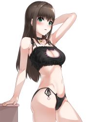 Rule 34 | 10s, 1girl, arm behind head, arm support, arm up, bell, neck bell, black bra, black panties, blush, bra, breasts, brown hair, cat cutout, cat ear panties, cat lingerie, choker, cleavage, cleavage cutout, clothing cutout, earrings, from side, green eyes, idolmaster, idolmaster cinderella girls, jewelry, jingle bell, kfr, looking at viewer, medium breasts, meme attire, navel, necklace, open mouth, panties, shibuya rin, side-tie panties, simple background, solo, underwear, underwear only, white background