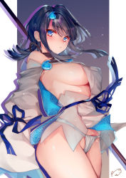 Rule 34 | 1girl, bare shoulders, black hair, blue eyes, blue ribbon, blush, border, breasts, closed mouth, dress, fate/grand order, fate/requiem, fate (series), fundoshi, gradient background, grey background, highres, japanese clothes, large breasts, long sleeves, looking at viewer, magatama, multicolored hair, obiwan, pink hair, polearm, puffy long sleeves, puffy sleeves, ribbon, seigaiha, short dress, sideboob, sidelocks, spear, streaked hair, thighs, two-sided fabric, two-sided skirt, utsumi erice, weapon, white border, white dress