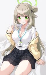 Rule 34 | 1girl, absurdres, black skirt, blue archive, blush, breasts, cardigan, closed mouth, collared shirt, green eyes, green halo, halo, highres, id card, large breasts, light brown hair, long hair, long sleeves, looking at viewer, nonomi (blue archive), pleated skirt, ramie (ramie541), shirt, simple background, skirt, smile, solo, white background, white shirt, yellow cardigan