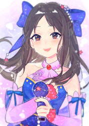 Rule 34 | 10s, 1girl, black hair, blush, bow, brown eyes, detached sleeves, dress, fingerless gloves, gloves, hair bow, highres, idolmaster, idolmaster cinderella girls, idolmaster cinderella girls starlight stage, long hair, looking at viewer, microphone, open mouth, smile, solo, tachibana arisu, tears, wenquangua