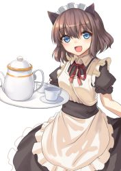 Rule 34 | :d, animal ears, apron, bad id, bad twitter id, blue eyes, blush, brown hair, cat ears, cup, looking at viewer, maid, maid apron, maid headdress, miya (tokumei), open mouth, original, ribbon, short hair, smile, solo, teacup, teapot, tray, white background