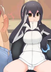 Rule 34 | 1boy, 1girl, :t, absurdres, black coat, black hair, blue pants, breasts, closed mouth, coat, commentary request, cum, eating, ejaculation, feet out of frame, food, food on face, gradient hair, hair between eyes, hetero, highres, humboldt penguin (kemono friends), illu (illu stratos), japari bun, kemono friends, large breasts, long bangs, long hair, looking to the side, multicolored coat, multicolored hair, no pants, panties, pants, penis, pink hair, sitting, slapping penis, smile, solo focus, testicles, two-tone coat, underwear, white coat, white panties, zipper