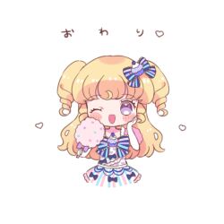 Rule 34 | 1girl, ;d, blonde hair, blue bow, blue dress, blush, bow, chibi, cotton candy, cropped legs, dress, food, hair bow, hand on own cheek, hand on own face, holding, holding food, hoshikuzu (pinkholic), idol clothes, idol time pripara, long hair, looking at viewer, one eye closed, open mouth, pretty series, pripara, purple eyes, ringlets, simple background, smile, solo, star (symbol), two side up, white background, yumekawa yui