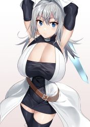 Rule 34 | 1girl, absurdres, bare shoulders, belt, black dress, black gloves, black thighhighs, blue eyes, blush, breasts, cleavage, dress, elbow gloves, gloves, grey hair, highres, large breasts, long hair, looking at viewer, s-rank boukensha de aru ore no musume tachi wa juudo no fathercon deshita, shunichi, solo, sword, thighhighs, two-tone dress, weapon, white dress
