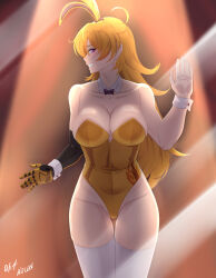 Rule 34 | 1girl, absurdres, against glass, alternate costume, animal ears, bare shoulders, blonde hair, bow, bowtie, breast press, breasts, breasts on glass, collarbone, detached collar, fake animal ears, grin, groin, highleg, highleg leotard, highres, large breasts, leotard, long hair, looking at viewer, mechanical arms, playboy bunny, prosthesis, prosthetic arm, purple bow, purple bowtie, purple eyes, rabbit ears, rwby, signature, single mechanical arm, smile, solo, teeth, thigh gap, thighhighs, thighs, turning head, vilde loh hocen, wavy hair, white thighhighs, wrist cuffs, yang xiao long, yellow leotard