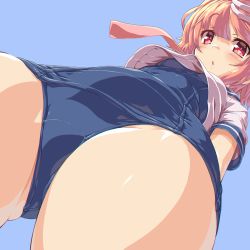 Rule 34 | 1girl, absurdres, ahoge, arms behind back, blue background, blue one-piece swimsuit, blush, breasts, brown hair, cameltoe, cowboy shot, dd (ijigendd), from below, hair ornament, highres, i-58 (kancolle), kantai collection, looking at viewer, necktie, old school swimsuit, one-piece swimsuit, pink necktie, red eyes, resolution mismatch, revision, sailor collar, school swimsuit, school uniform, serafuku, short hair, simple background, small breasts, solo, source smaller, swimsuit, swimsuit under clothes
