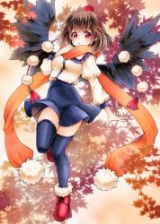 Rule 34 | 1girl, :o, autumn leaves, bad id, bad pixiv id, black thighhighs, black wings, breasts, brown hair, commentary request, feathered wings, full body, funnyfunny, geta, hand up, hat, high-waist skirt, highres, long sleeves, looking at viewer, marker (medium), medium breasts, miniskirt, orange scarf, pom pom (clothes), red eyes, red footwear, scarf, shameimaru aya, skirt, solo, tassel, tengu-geta, thighhighs, tokin hat, touhou, traditional media, wings, zettai ryouiki