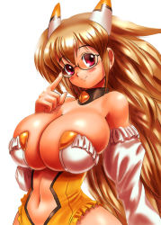 Rule 34 | 1girl, adjusting eyewear, blush, breasts, brown hair, cleavage, cleavage cutout, clothing cutout, detached sleeves, diol twee, glasses, gox, huge breasts, leotard, long hair, looking at viewer, moriichi, otomedius, red eyes, revealing clothes, robot ears, simple background, smile, solo, white background, wide hips