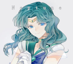 Rule 34 | 1990s (style), 1girl, bishoujo senshi sailor moon, blue eyes, bow, brooch, character name, choker, funpjinju, gloves, green hair, heart, heart brooch, jewelry, kaiou michiru, magical girl, own hands clasped, own hands together, retro artstyle, sailor collar, sailor neptune, short hair, smile, solo, super sailor neptune, white background
